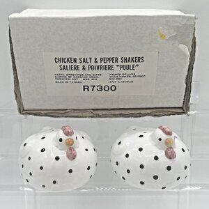 Chicken Hen Rooster Salt & Pepper Shakers Black White Polka Dot Ceramic W/box